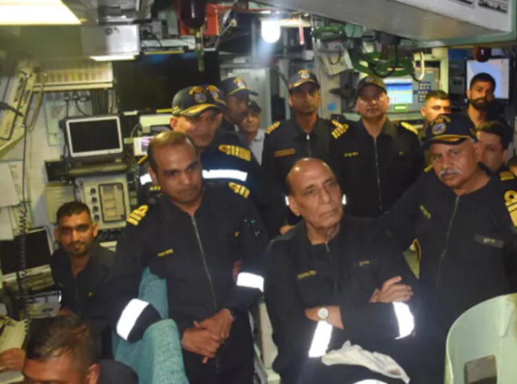 Defence Minister Rajnath Singh Takes A Sea Sortie In Submarine INS Khanderi