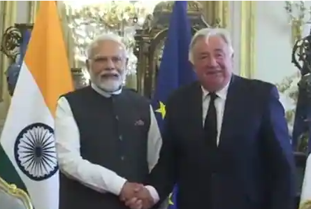 PM Modi Meets Gerard Larcher, President Of French Senate, In Paris; Watch!